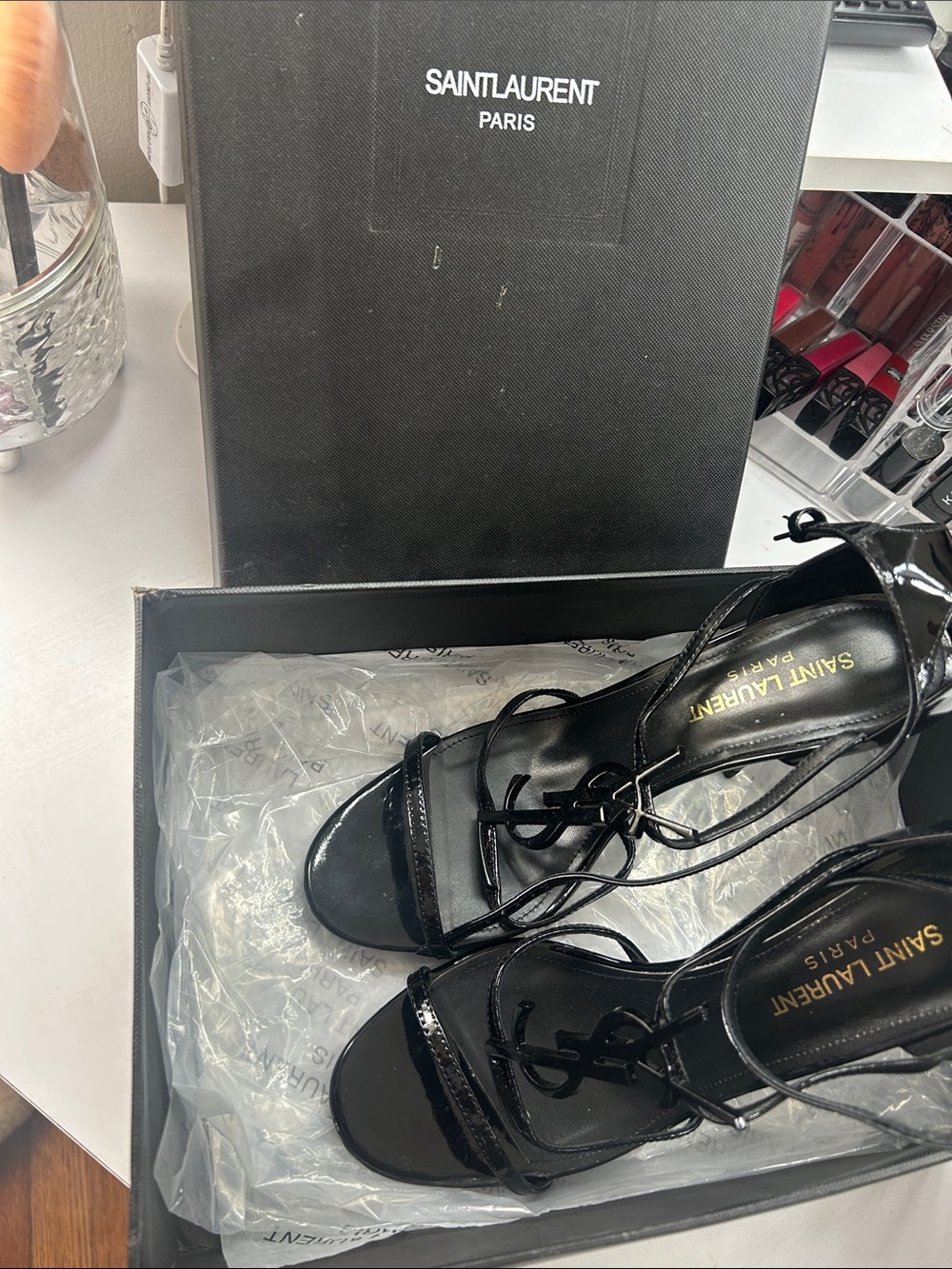 Saint Laurent Black Patent Lace-Up YSL Sandals